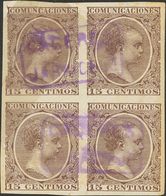 1º Y 2º Centenario. º 219s(4) 1889. 15 Cts Castaño SIN DENTAR, Bloque De Cuatro (un Sello Reparado). Matasello Cartería  - Sonstige & Ohne Zuordnung
