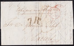 1838. LONDRES A CÁCERES. FECHADOR ANGLETTERRE CIRCULAR ROJO. PORTEO 1 CHELÍN Y 7Rs REALES NEGRO. AL DORSO FECHADOR. - ...-1840 Voorlopers