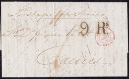 1839. LONDRES A CÁCERES. FECHADOR DE TRÁNSITO DE CALAIS. 1 CHELÍN Y 9Rs REALES NEGRO. AL DORSO FECHADOR. INTERESANTE. - ...-1840 Voorlopers