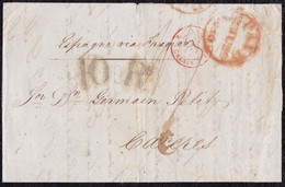 1840. LONDRES A CÁCERES. FECHADOR ROJO. AMBULANTE DE CALAIS. 1 CHELÍN Y 10Rs. AL DORSO FECHADOR Y TRÁNSITO POR BAYONA. - ...-1840 Prephilately