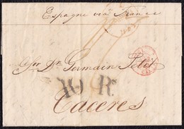 1841. LONDRES A CÁCERES. FECHADOR DE TRÁNSITO DE CALAIS. 1 CHELÍN Y 10Rs NEGRO. AL DORSO TRÁNSITO POR BAYONA Y ETIQUETA. - ...-1840 Precursores