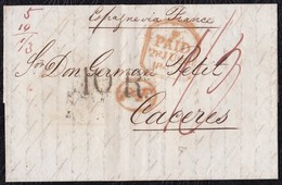 1843. LONDRES A CÁCERES. FECHADOR PAID, 1/3 CHELINES/PENIQUES, 10Rs. AL DORSO TRÁNSITO POR BAYONA, FECHADOR Y ETIQUETA. - ...-1840 Prephilately