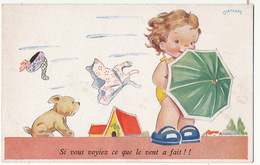 Janser Petite Fille Deshabillée Par Le Vent . Chien. Parapluie - Janser