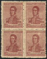 166 ARGENTINA: GJ.492, 1918 30c. San Martín With Wheatley Bond Watermark IN THE 4 STAMPS, Excellent Quality, Very Rare ( - Autres & Non Classés