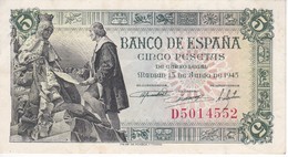 BILLETE DE ESPAÑA DE 5 PTAS DEL 15/06/1945 SERIE D CALIDAD EBC (XF) (BANKNOTE) - 5 Pesetas