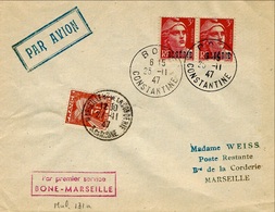 25 -11-1947- 1er Service BONE-MARSEILLE  Puis Paris  Vol " Direct " Sur Languedoc 161 Par A F - Airmail