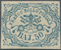 00708 Italien - Altitalienische Staaten: Kirchenstaat: 1852, 50 Baj. Blue, All Sides With Superb Margin, W - Kirchenstaaten