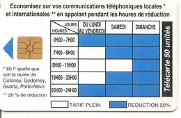 CARTE PUCE-BENIN-50U-GEM B-11/94-HORAIRES TARIFS-UTILISE-TBE - Bénin