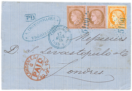 601 TREBIZONDE : 1875 CERES 10c(x2) + 40c SIEGE Obl. GC 5100 + TREBIZONDE TURQ. D' ASIE Sur Lettre Pour L' ANGLETERRE. R - Andere & Zonder Classificatie