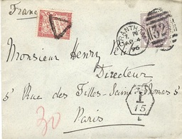 1896- Enveloppe De GRANTHAM ( Royaume Uni ) Pour Paris - Demande De Taxe Anglaise - TAXE 30 C Preoblatéreé Triangle - 1859-1959 Lettres & Documents
