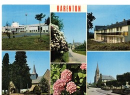 CPM, BARENTON, (50), Manche,  Multivues, Jamais Voyagée, église Mairie, Place - Barenton