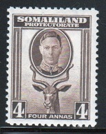 Somaliland Protectorate 1942 George VI Single Four Anna Sepia Stamp. - Somalilandia (Protectorado ...-1959)