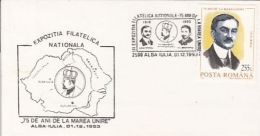 6745FM- GREAT UNION ANNIVERSARY, KING FERDINAND, IULIU MANIU, SPECIAL COVER, 1993, ROMANIA - Briefe U. Dokumente