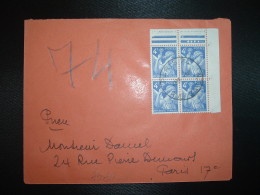 LETTRE PNEUMATIQUE TP IRIS 4F BLOC FE 4 COIN DE FEUILLE OBL HOROPLAN 1 III (45) PARIS 74 + 1ER JOUR DE TARIF - 1939-44 Iris