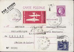 Entier CP 1.5 Lilas Rose Cérès Mazelin Par Avion Repiqué Amicale Philatélique Cholet Vignette Sports De L'air Aéro Club - Cartes Postales Repiquages (avant 1995)