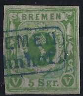 Allemagne BREME N°4  5 Silbergroschen Oblitéré BREMEN BAHNOF En Bleu Signé - Brême