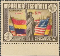 **765hcc. 1938. AEREO+5 PTS. Variedad CAMBIO DE COLOR EN LA SOBRECARGA, En Rojo. MAGNIFICO Y RARO. Cert. CEM. Edifil 201 - Autres & Non Classés