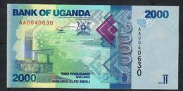 UGANDA  P50a 2000 SHILINGI  2010  LOW # AA0040630  FIRST DATE FIRST PREFIX LOW#    UNC. - Ouganda