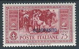 1932 EGEO SCARPANTO GARIBALDI 75 CENT MH * - RR13580 - Egée (Scarpanto)