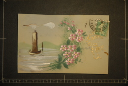 CP, Carte En Celluloid Peinte A La Main Theme Mer Marine Phare Fleurs Bonne Fete Voeux - Cartes Porcelaine