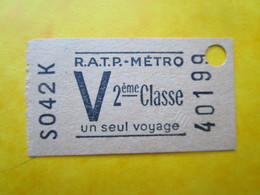 ANCIEN TICKET RATP Métro PARIS " V " - 1958 - 2° Classe - TBE - Europa