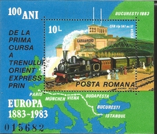 J) 1983 ROMANIA, ORIENT EXPRESS CENTENARY, RAYLWAY, MAP, SOUVENIR SHEET, MNH - Brieven En Documenten