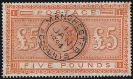 1867-83 £5 Orange DI, Superb U Example With A Centrally Struck Manchester Accounts Double Ring C.d.s. For Jan 15th 1894, - Sonstige & Ohne Zuordnung