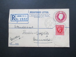 GB 1936 Registered Letter Mit Zusatzfrankatur Nach Berlin Steglitz Standesamt. Stempel Westminster Bridge - Briefe U. Dokumente