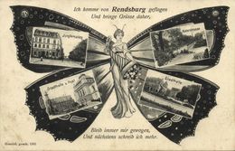 RENDSBURG, Schmetterling Mehrbild, Jungfernstieg, Kielerstrasse (1906) AK - Rendsburg