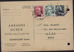 Entier Marianne Gandon 5F Bleu CP Repiquée Abrasifs Durex Gennevilliers CAD 18 1 1949 Complément YT 806 807 - Cartes Postales Repiquages (avant 1995)