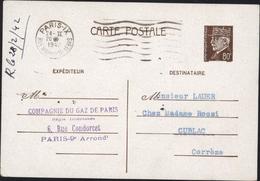 Entier CP 80c Petain Repiquage Compagnie Du Gaz De Paris CAD Paris IX R Hippolyte Lebas 24 II 1942 Flamme Storch A1d - Cartes Postales Repiquages (avant 1995)