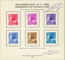 INDIA -1958,- Children's Day - 15 N.p., India Security Press Presentation Card With 6 Different Perforated Colour Proofs - Neufs