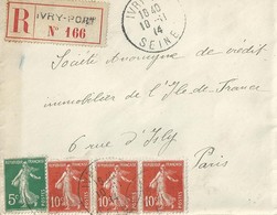 2266 IVRY PORT Lettre Recommandée Semeuse 5c Vert Yv 137  10 C Rouge Yv 138 Ob 10 1 1914 - Brieven En Documenten