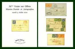 Catalogue 51éme Vente Sur Offres Roumet 2016 Histoire Postale Et Autographes - Auktionskataloge