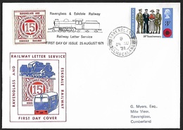 1971 - GREAT BRITAIN - FDC Ravenglass & Eskdale Railway + SG 887 [Soldiers & Nurse 1921] + RAVENGLASS - Railway & Parcel Post