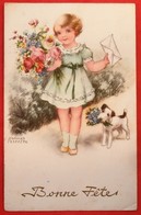 Cpa Gauffree BONNE FETES Fillette Chien Fleurs - Petersen, Hannes