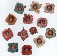 Chromo Découpis Gaufré/Anglais/Fleurs Avec Tête D'enfants Au Centre/13 Modèles/Vers 1890-1900  CHRO114 - Other & Unclassified