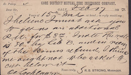 Canada Postal Stationery Ganzsache Entier 1c. Victoria PRIVATE Print GORE DISTRICT MUTUAL FIRE INSURANCE, GALT 1892 - 1860-1899 Victoria