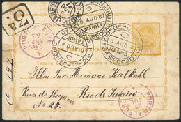 BRAZIL: 80Rs. Postal Card Sent From Sao Leopoldo To Rio De Janeiro On 26/JUL/1887, With Good Number Of Cancels Of Rio An - Cartes-maximum