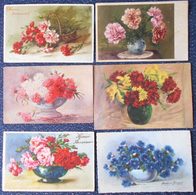 Cpa Lot 6x Litho Illustrateur  Klein Renaud Et Divers Fleurs  Fleur Oeillets Oeillet En Pot Vase - Collections & Lots