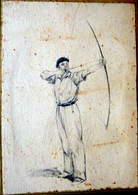 TIR A L'ARC DESSIN ANCIEN A LA PLUME VERS 1930 TRES BELLE FACTURE  15 X 11 CM  BON ETAT - Archery