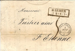 1858- Letter From BARMEN  To St Etienne ( France ) Rating 5 D . Entrance PRUSSE A ERQUELINES  C  Black - Briefe U. Dokumente
