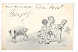 Carte D'Illustrateur WICHERA - Bonne Et Heureuse Année, Petites Filles Et Leur Cochon   -   L 1 - Wichera