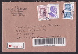 Turkey: Registered Cover To Netherlands, 1997, Mix Of Stamps & Official Service Stamps, Inflation: 400,000.- (damaged) - Lettres & Documents