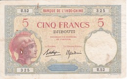 BILLETE DE DJIBOUTI DE 5 FRANCS DEL AÑO 1943 (BANKNOTE) BANQUE DE L'INDO-CHINE - Djibouti