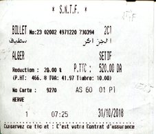 Billet Alger - Sétif  Avec Réduction 3ème âge (réduction De 20%) - Wereld