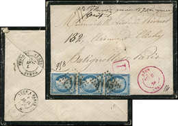 Let CERES DENTELE - 60C  25c. Bleu, T III BANDE De 3 Obl. GC 2145 S. Env. Rec., Càd T17 LYON 6/1/76 En ROSE, R Et TB - 1871-1875 Ceres