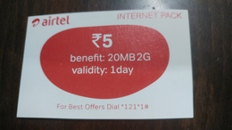 India-airtel-internet Pack-(5 Ruppia)-benefit 20mb2g-validity 1 Day-(1)-31.7.2018-used Card+1 Card Prepiad Free - Inde