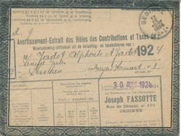 704/27 - GEDINNE - Enveloppe Transparente En FRANCHISE - Extrait De Role Des Impots GEDINNE 1924 Vers LAEKEN - Franchise