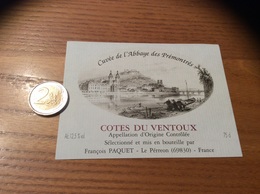 Etiquette De Vin «Côtes Du Ventoux - Cuvée De L’Abbaye Des Prémontrés - François PAQUET - Le Pérreon (69) » - Côtes Du Ventoux